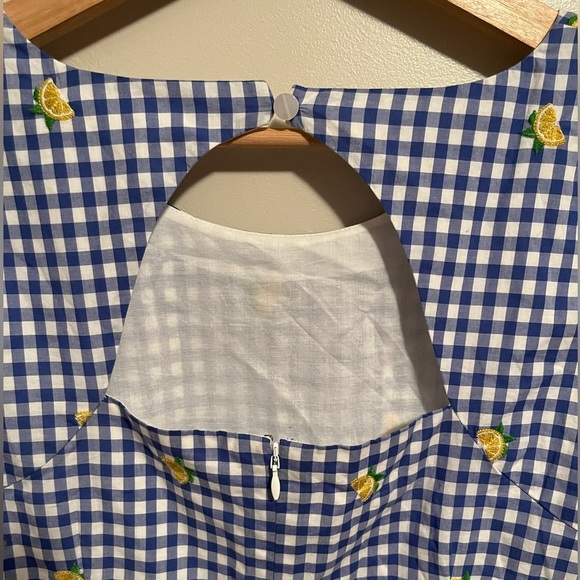 Talbots Lemons & Gingham Shift Dress Blue &White Cotton Embroidered Keyhole Back - Picture 8 of 16
